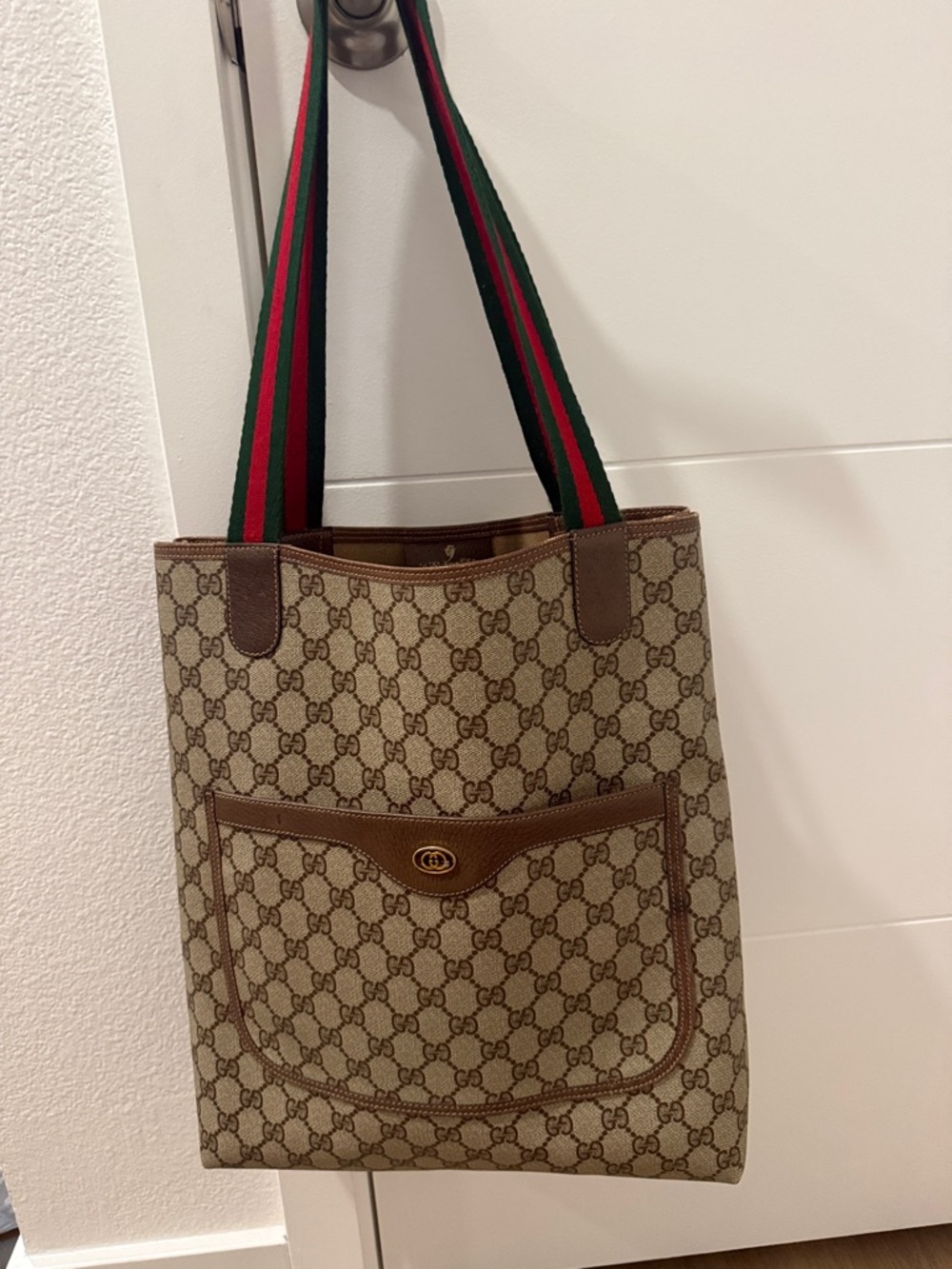 Gucci Beige/Brown GG Canvas Tote with Green and Red Web Straps